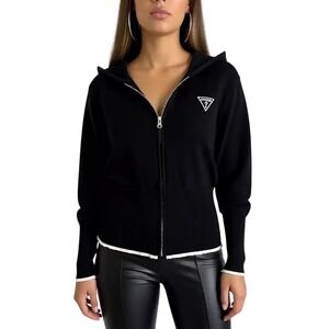 Guess Women Black Knit Full Zip Hoodie Logo Detail Long Sleeve Size Sm NWT